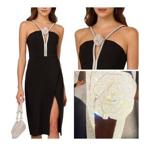 Liv Foster Black Midi Dress with Rhinestone & Cut Out Detailing NWT